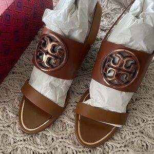 Tory Burch Chestnut Brown Leather Logo Slide Sandals